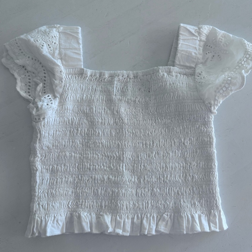 Katie J NYC White Smocked Blouse with Eyelet Sleeves